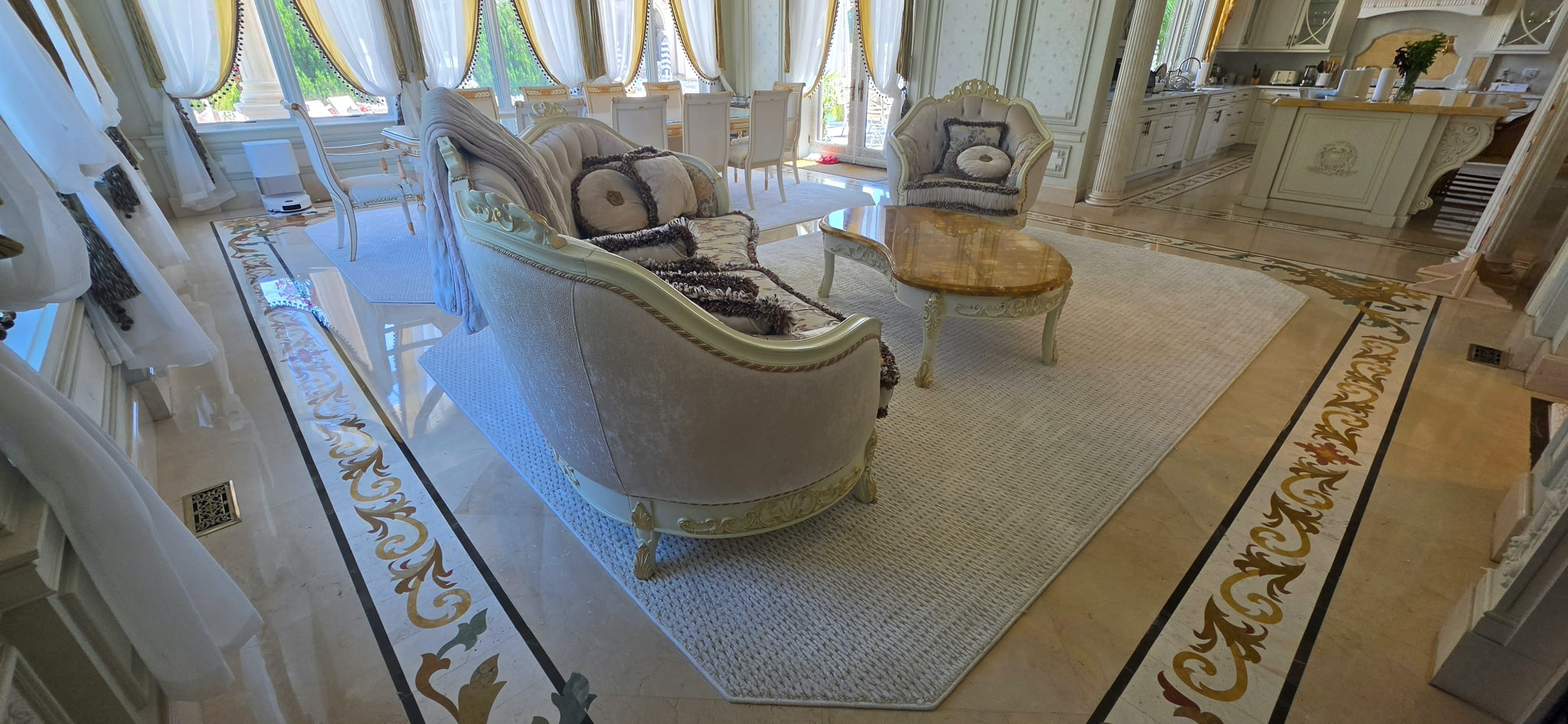 Completed custom area rug installation in an elegant Long Island residence